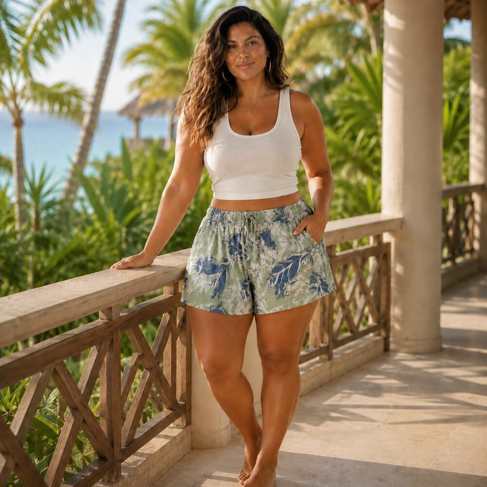 Cynthia Rowley Lyocell Tropical Print Pull On Shorts Sage Blue Size M